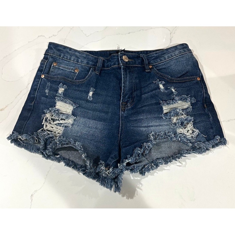 Almost Famous Juniors 9 Blue Dark Wash Stretch Distressed Cut-Off Denim Shorts